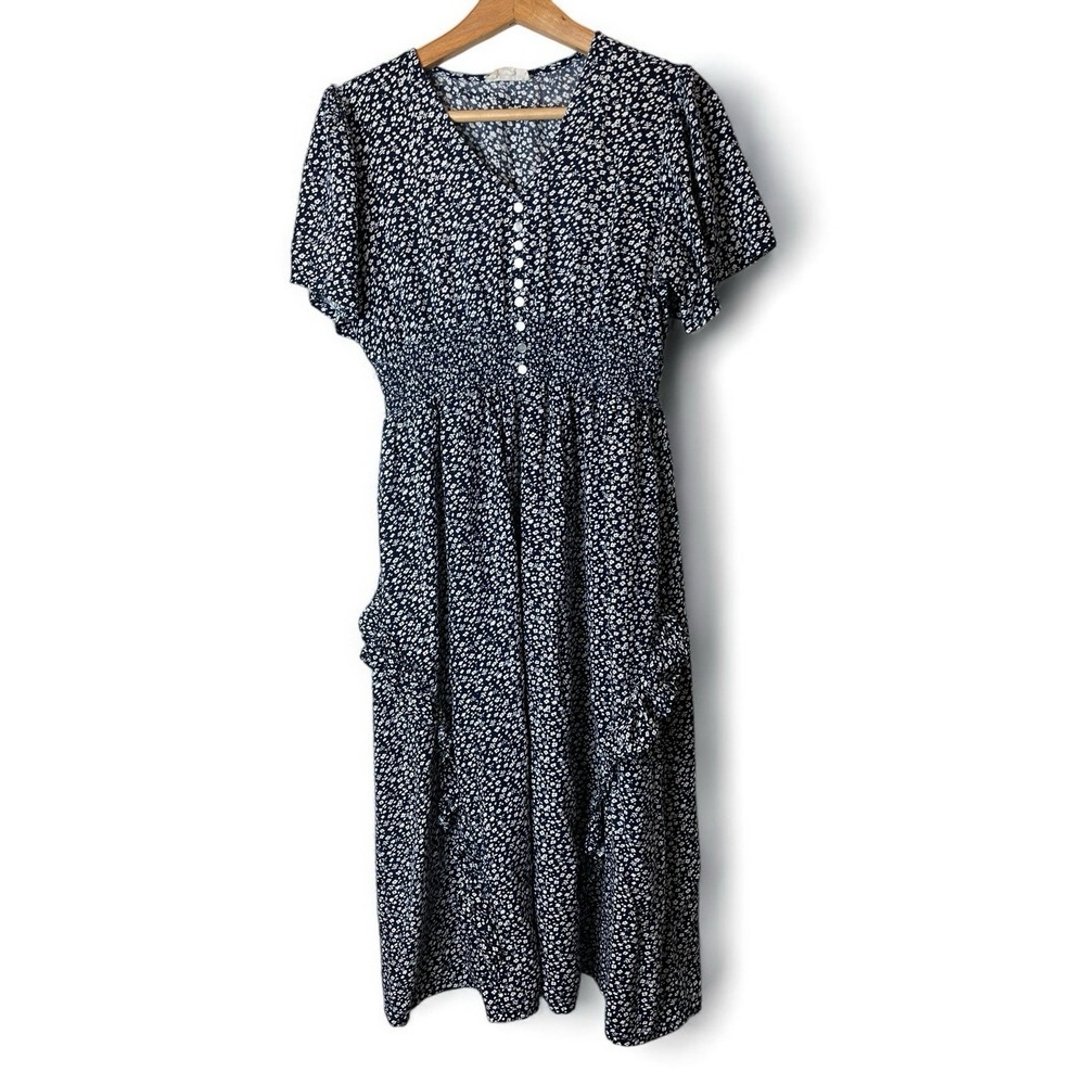 Violet Skies Maxi Dress Size Medium Navy Floral Ruffle Short Sleeve
